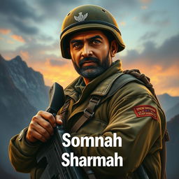 A heroic depiction of Major Somnath Sharma, showcasing his bravery in battle