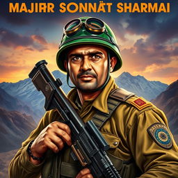 A heroic depiction of Major Somnath Sharma, showcasing his bravery in battle
