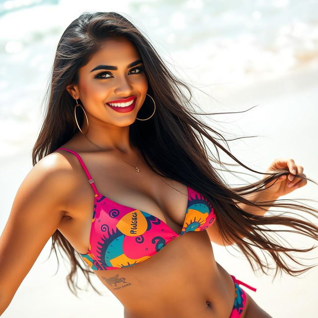 A glamorous Indian South actress wearing a stylish, colorful bikini with a short cut, showcasing her confidence and beauty