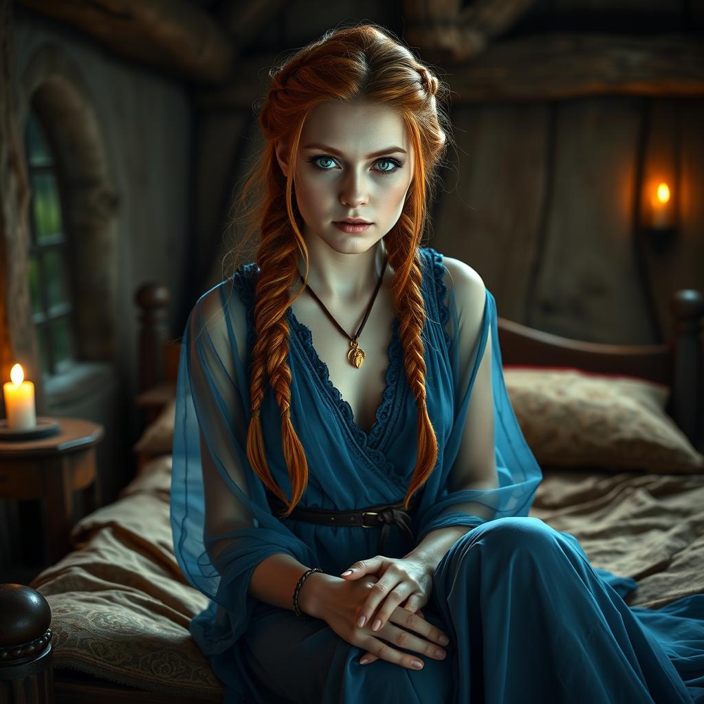 An ultra-realistic wide frame photograph of Kyra, a sexy young warrior witch, sitting on a rustic bed in a medieval style cottage