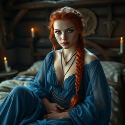 An ultra-realistic wide frame photograph of Kyra, a sexy young warrior witch, sitting on a rustic bed in a medieval style cottage