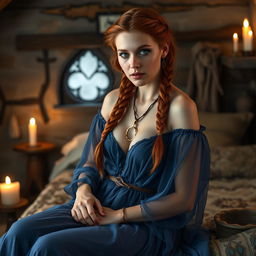 An ultra-realistic wide frame photograph of Kyra, a sexy young warrior witch, sitting on a rustic bed in a medieval style cottage