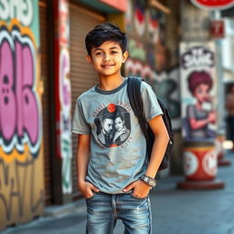 A stylish teenage boy of Asian descent, casually dressed in a cool graphic t-shirt and trendy jeans, standing confidently with a slight smile