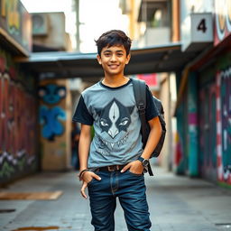 A stylish teenage boy of Asian descent, casually dressed in a cool graphic t-shirt and trendy jeans, standing confidently with a slight smile