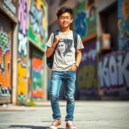 A stylish teenage boy of Asian descent, casually dressed in a cool graphic t-shirt and trendy jeans, standing confidently with a slight smile