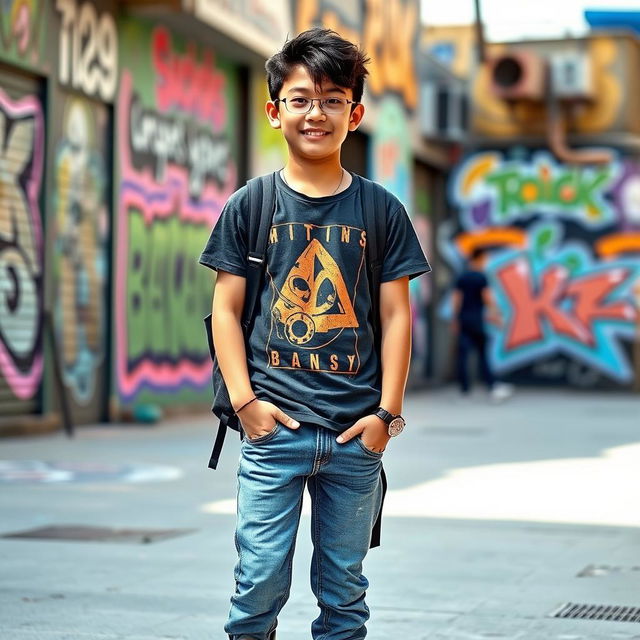 A stylish teenage boy of Asian descent, casually dressed in a cool graphic t-shirt and trendy jeans, standing confidently with a slight smile