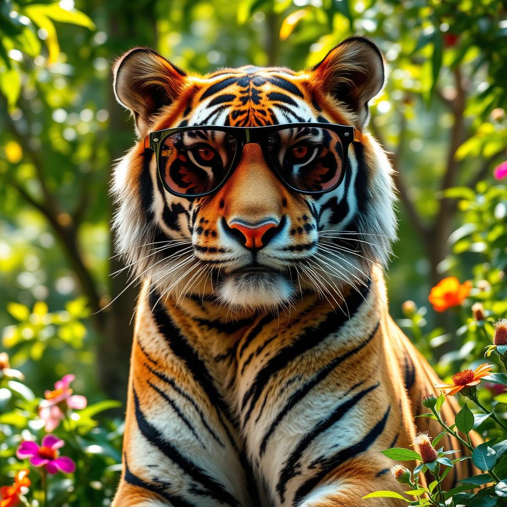 A stunning, high-resolution image of a tiger wearing stylish sunglasses, showcasing its fierce yet elegant demeanor