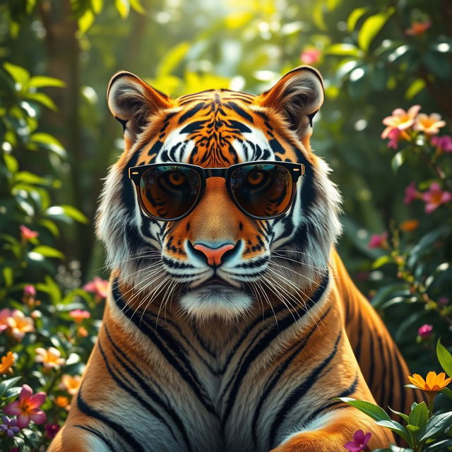 A stunning, high-resolution image of a tiger wearing stylish sunglasses, showcasing its fierce yet elegant demeanor