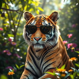 A stunning, high-resolution image of a tiger wearing stylish sunglasses, showcasing its fierce yet elegant demeanor