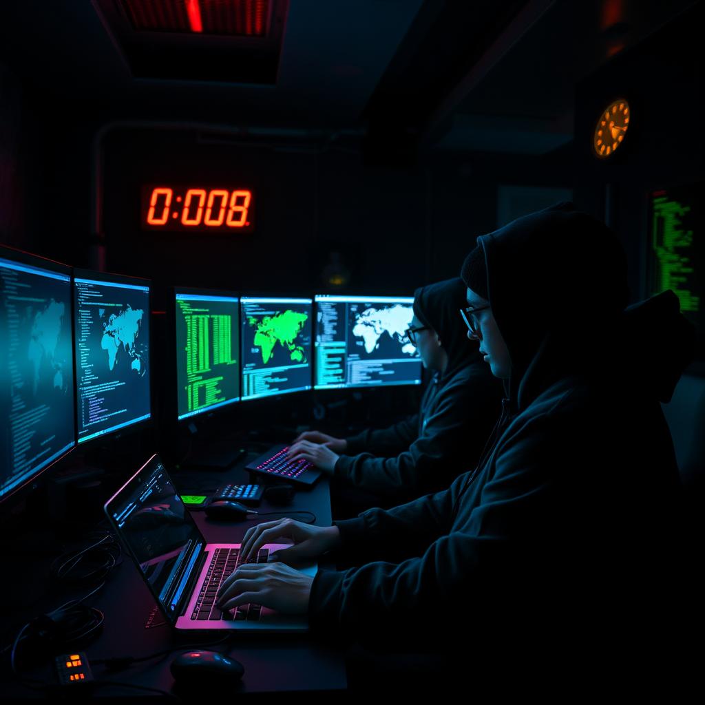 A group of skilled hackers in a dimly lit room filled with multiple computer screens, showing lines of code and digital maps