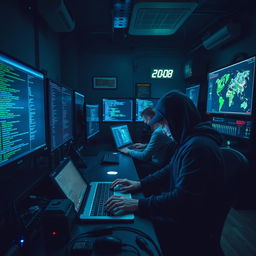 A group of skilled hackers in a dimly lit room filled with multiple computer screens, showing lines of code and digital maps