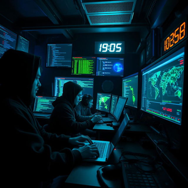 A group of skilled hackers in a dimly lit room filled with multiple computer screens, showing lines of code and digital maps