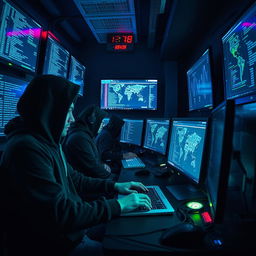 A group of skilled hackers in a dimly lit room filled with multiple computer screens, showing lines of code and digital maps