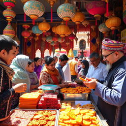 A vibrant, bustling market scene featuring a traditional Iranian sweet shop specializing in "Sooahan" (a type of saffron brittle)