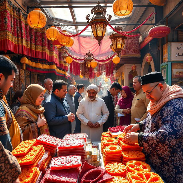 A vibrant, bustling market scene featuring a traditional Iranian sweet shop specializing in "Sooahan" (a type of saffron brittle)