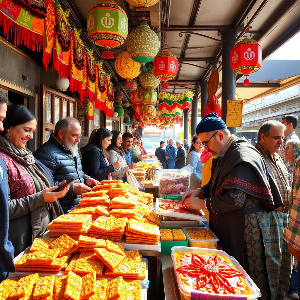 A vibrant, bustling market scene featuring a traditional Iranian sweet shop specializing in "Sooahan" (a type of saffron brittle)