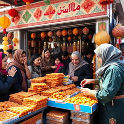 A vibrant, bustling market scene featuring a traditional Iranian sweet shop specializing in "Sooahan" (a type of saffron brittle)