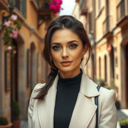 A 39-year-old woman with dark hair showcasing beautiful Italian features