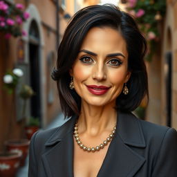 A 39-year-old woman with dark hair showcasing beautiful Italian features