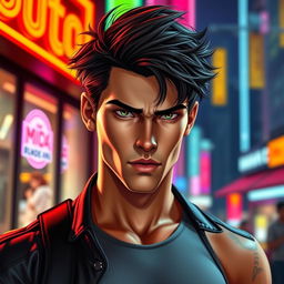 A handsome male figure with striking features, chiseled jawline, and intense eyes, styled in a modern, urban setting
