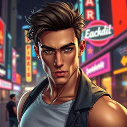 A handsome male figure with striking features, chiseled jawline, and intense eyes, styled in a modern, urban setting