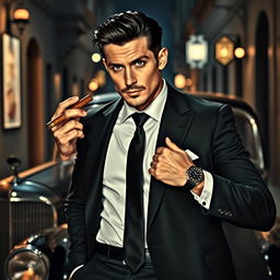 A rugged mafia man dressed in a tailored black suit, with a white dress shirt and a black tie, exuding confidence and charisma