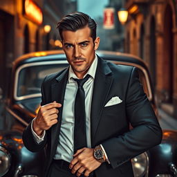 A rugged mafia man dressed in a tailored black suit, with a white dress shirt and a black tie, exuding confidence and charisma