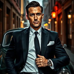A rugged mafia man dressed in a tailored black suit, with a white dress shirt and a black tie, exuding confidence and charisma
