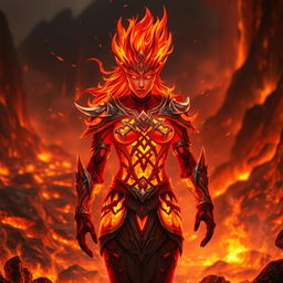 A fiery Fire Genasi character, featuring glowing red and orange skin resembling flames, with flickering embers in their hair that mimic a blazing fire