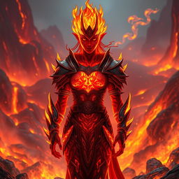 A fiery Fire Genasi character, featuring glowing red and orange skin resembling flames, with flickering embers in their hair that mimic a blazing fire