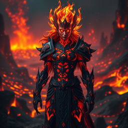 A fiery Fire Genasi character, featuring glowing red and orange skin resembling flames, with flickering embers in their hair that mimic a blazing fire