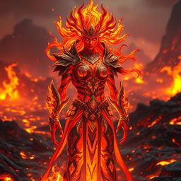 A fiery Fire Genasi character, featuring glowing red and orange skin resembling flames, with flickering embers in their hair that mimic a blazing fire