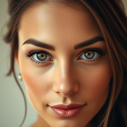 A close-up portrait of a woman with symmetrical features, emphasizing her eyes which are perfectly equal in size and shape