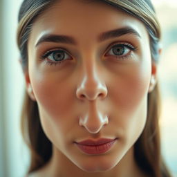 A close-up portrait of a woman with symmetrical features, emphasizing her eyes which are perfectly equal in size and shape