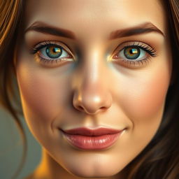 A close-up portrait of a woman with symmetrical features, emphasizing her eyes which are perfectly equal in size and shape