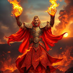 A fire cleric standing heroically in a dramatic scene, wearing intricately designed armor embellished with flames and mystical symbols