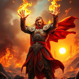 A fire cleric standing heroically in a dramatic scene, wearing intricately designed armor embellished with flames and mystical symbols