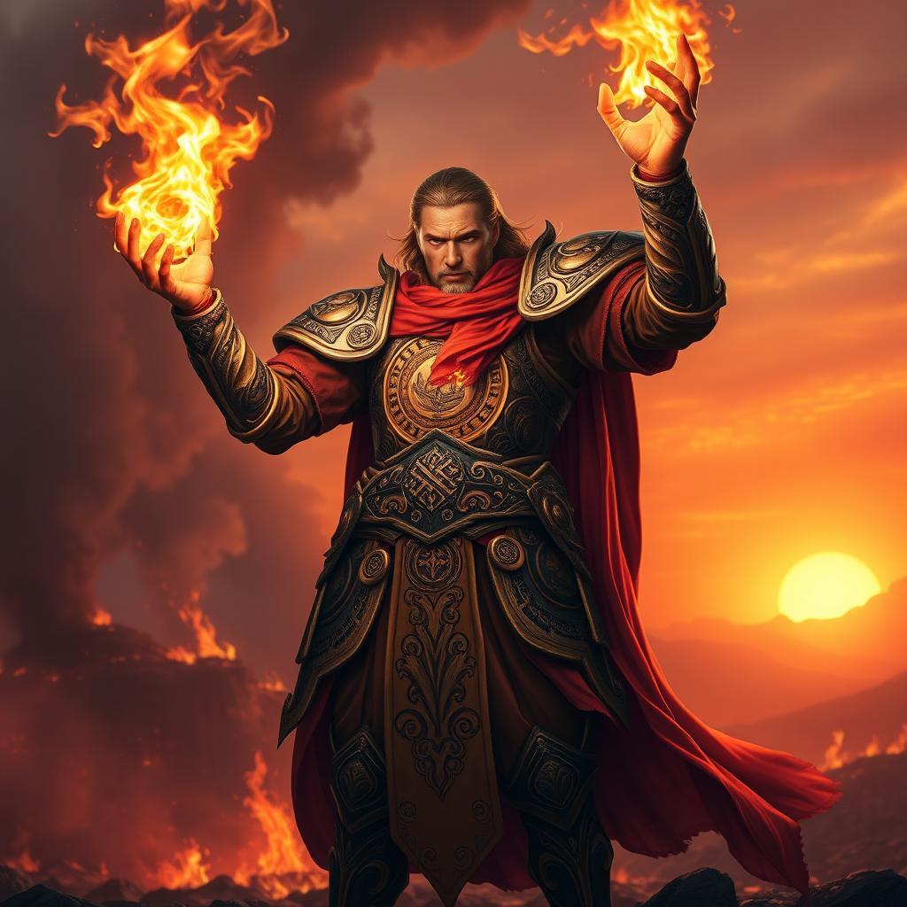 A fire cleric standing heroically in a dramatic scene, wearing intricately designed armor embellished with flames and mystical symbols