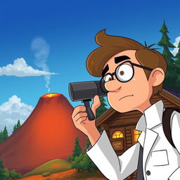 An animated scene depicting a scientist looking through a telescope at a volcano, with a cozy cabin beside it