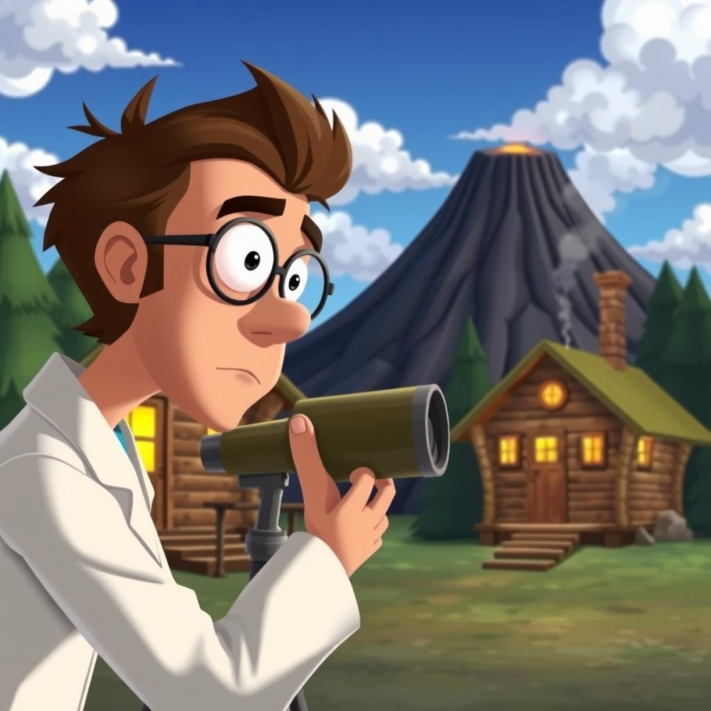 An animated scene depicting a scientist looking through a telescope at a volcano, with a cozy cabin beside it