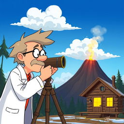 An animated scene depicting a scientist looking through a telescope at a volcano, with a cozy cabin beside it
