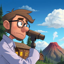 An animated scene depicting a scientist looking through a telescope at a volcano, with a cozy cabin beside it