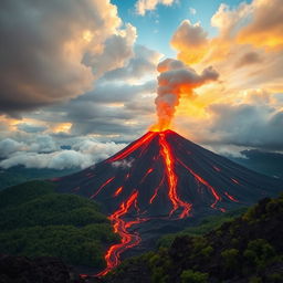 A stunning image of a volcano, with molten lava flowing down its slopes and an eruption happening at the peak