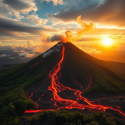 A stunning image of a volcano, with molten lava flowing down its slopes and an eruption happening at the peak