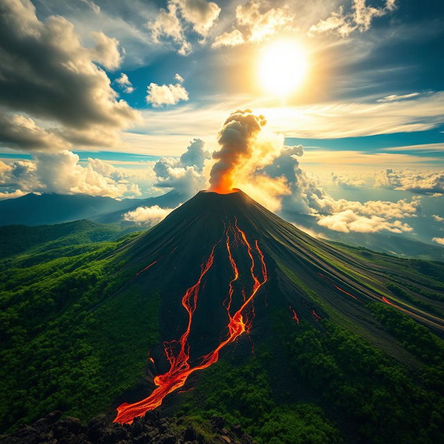 A stunning image of a volcano, with molten lava flowing down its slopes and an eruption happening at the peak