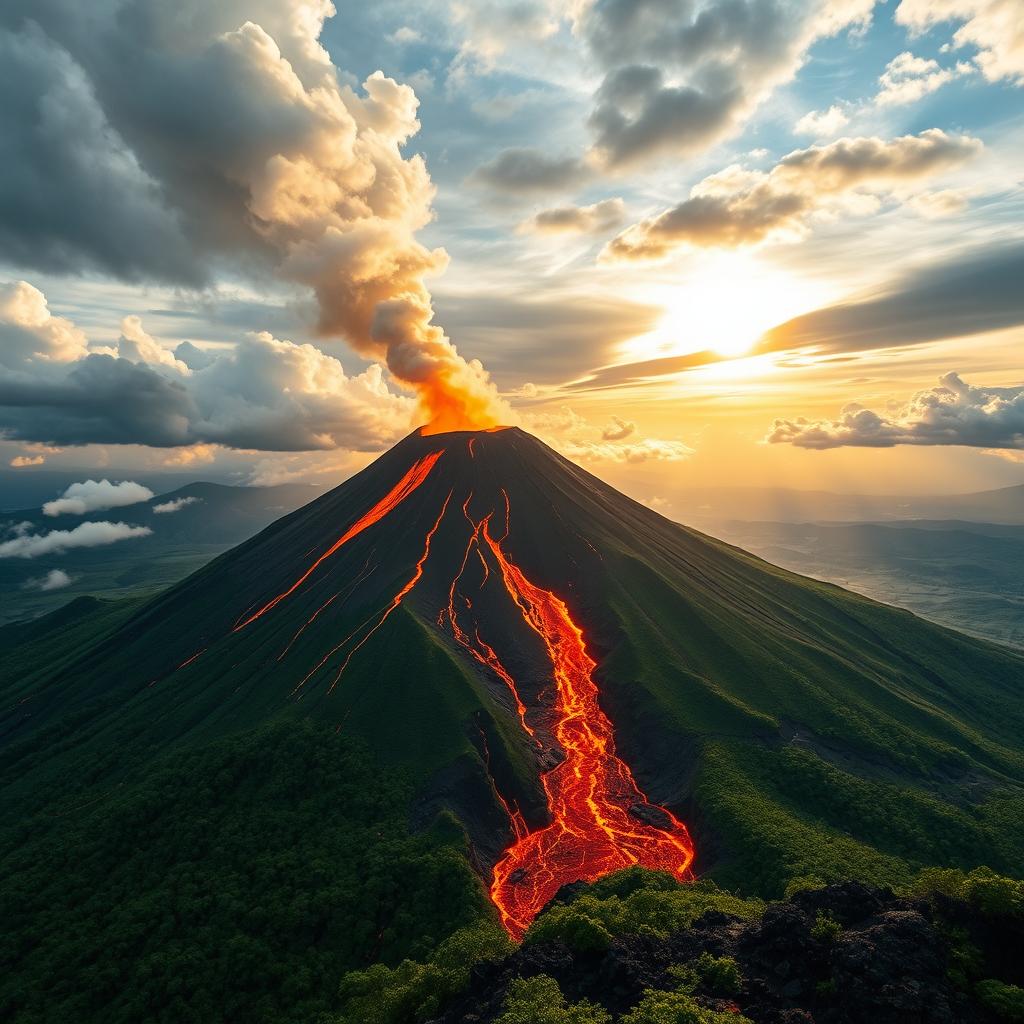 A stunning image of a volcano, with molten lava flowing down its slopes and an eruption happening at the peak