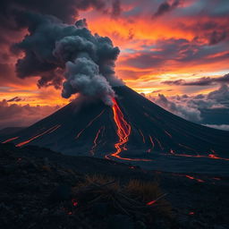 A stunning and dramatic scene of an erupting volcano, showcasing molten lava flowing down its sides, surrounded by dark, billowing smoke and ash clouds rising into the sky