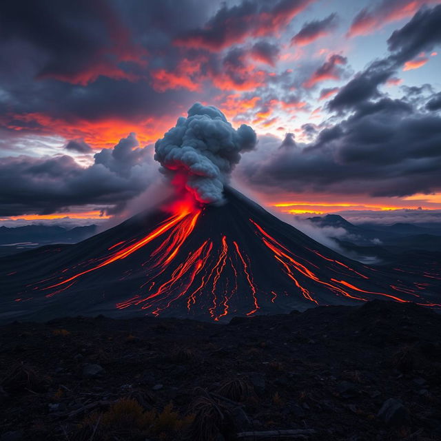 A stunning and dramatic scene of an erupting volcano, showcasing molten lava flowing down its sides, surrounded by dark, billowing smoke and ash clouds rising into the sky