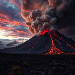 A stunning and dramatic scene of an erupting volcano, showcasing molten lava flowing down its sides, surrounded by dark, billowing smoke and ash clouds rising into the sky