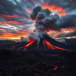 A stunning and dramatic scene of an erupting volcano, showcasing molten lava flowing down its sides, surrounded by dark, billowing smoke and ash clouds rising into the sky